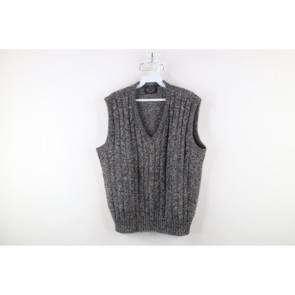 Vtg 70s Mens Large Rainbow Atomic Fleck Wool Blend Cable Knit Sweater Vest USA